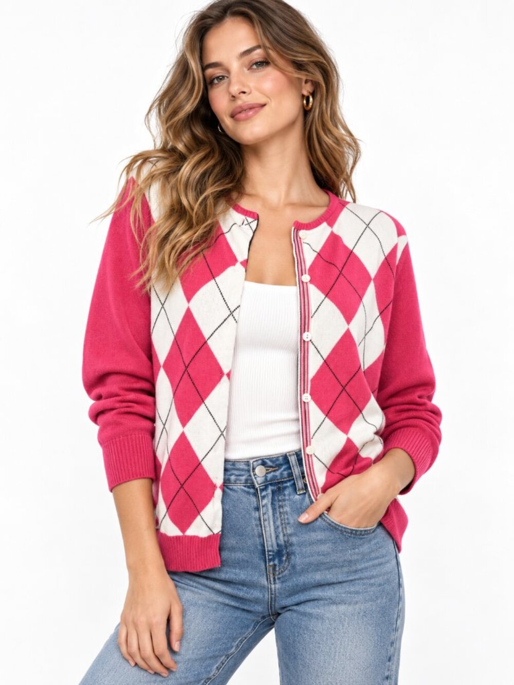 LANDS END Pink Argyle Cardigan Cotton Sweater Preppy Large